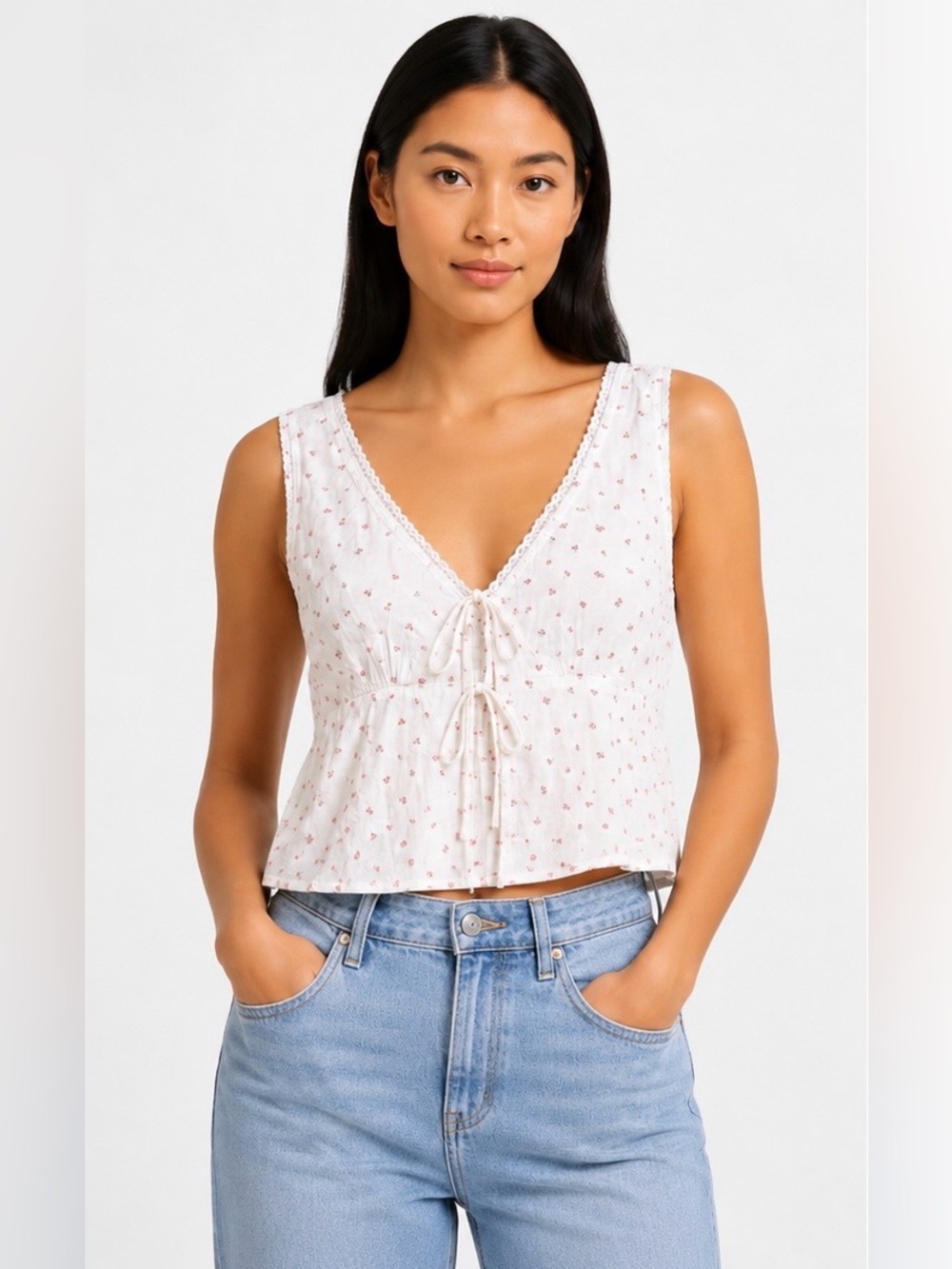 Abound White Pink Floral Tie Front Cropped Peplum Top Size L NWT